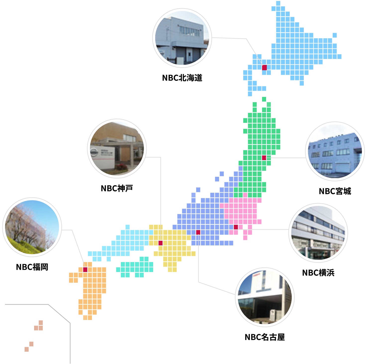 会社の中の学校日産ビジネスカレッジ(NBC)拠点地図 北海道,宮城,横浜,名古屋,神戸,福岡